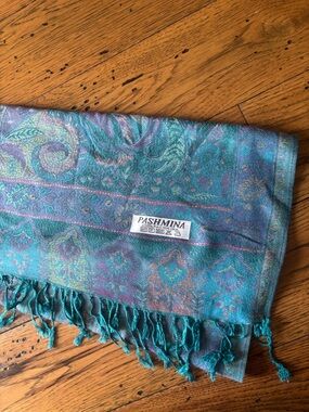 100% Pashmina Teal and Purple Paisley Fringe Scarf Shawl Wrap